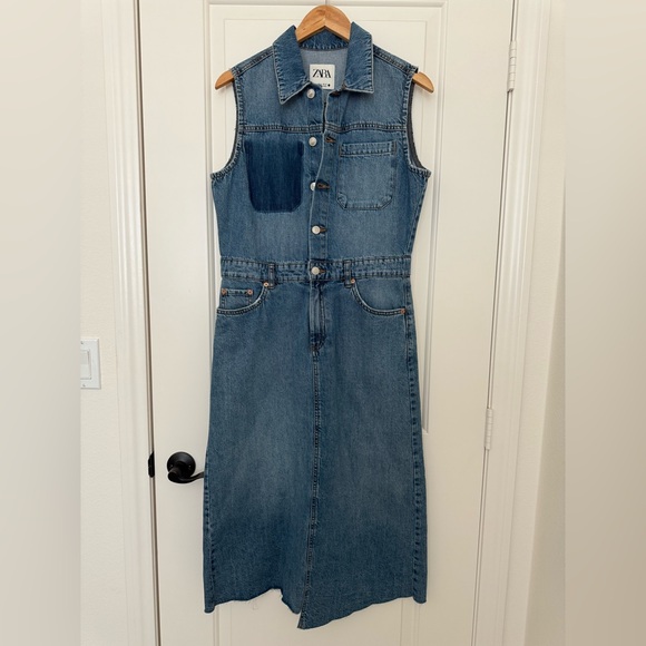 Zara Danielle Denim Asymmetrical Sleeveless Cotton Midi Dress Medium - Picture 3 of 11